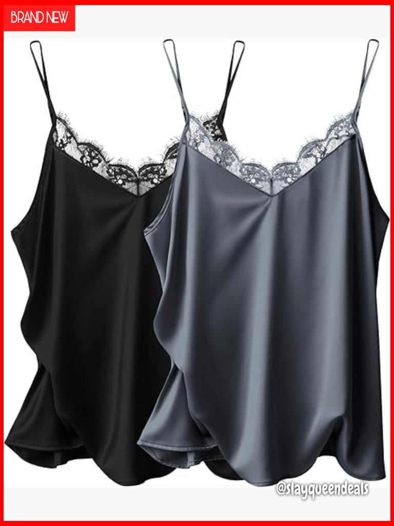 Satin Camisole Tank Top With Lace V-Neck, Adjustable Straps, Sleepwear